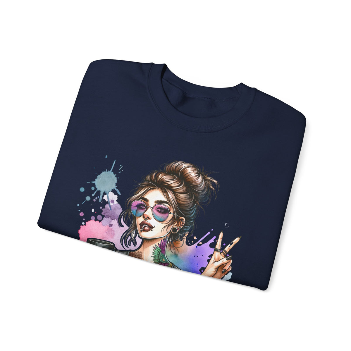 Cool Mombie with Coffee Peace Tattoo - Tired Mom – Gildan Heavy Blend | Trendy Women’s Soft Sweatshirt. Direct to Garment. Printed & Shipped in the USA. Unisex Sizes.