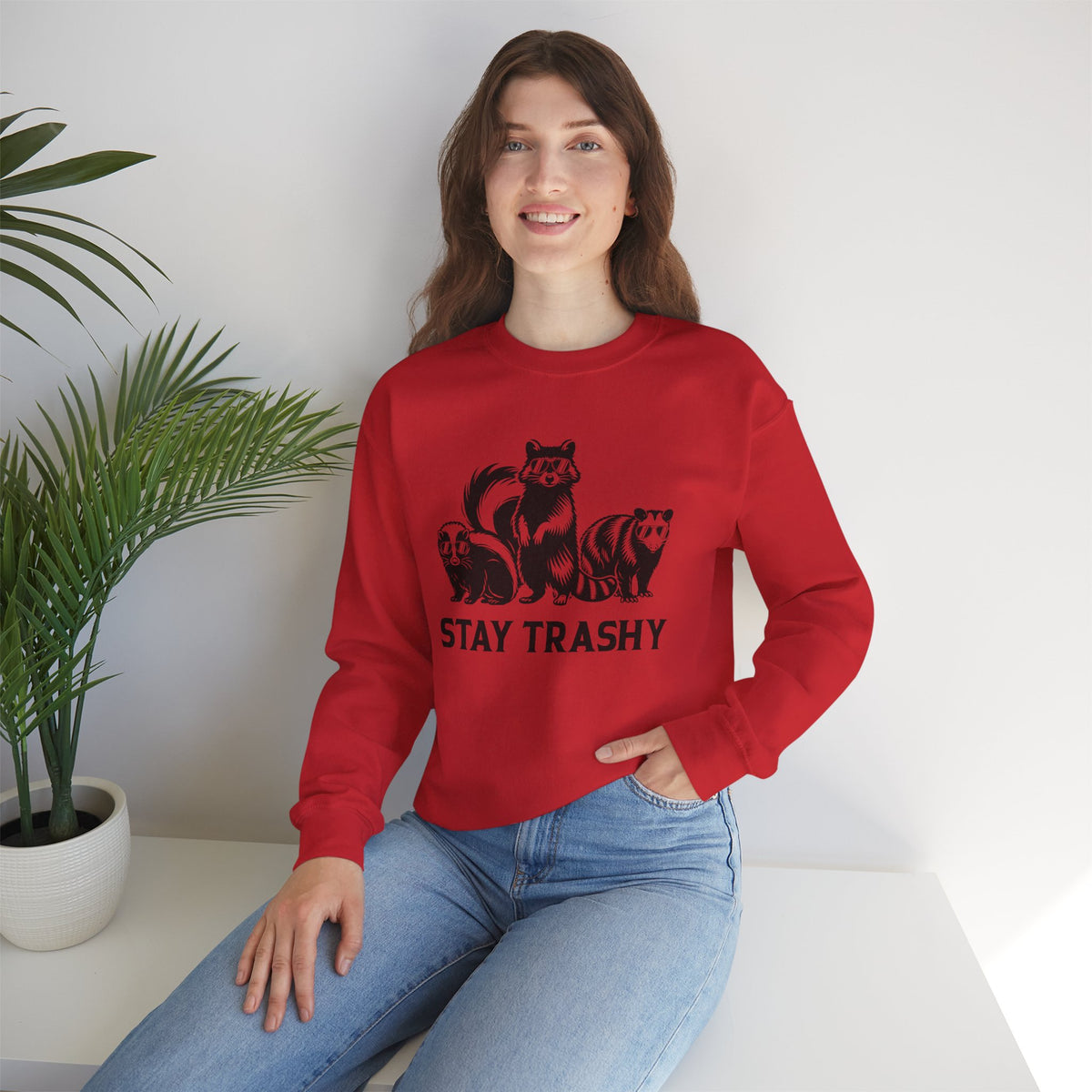 Stay Trashy, Skunk Raccoon Possum – Gildan Heavy Blend | Trendy Women’s and Men's Soft Sweatshirt. Direct to Garment. Printed & Shipped in the USA. Unisex Sizes.