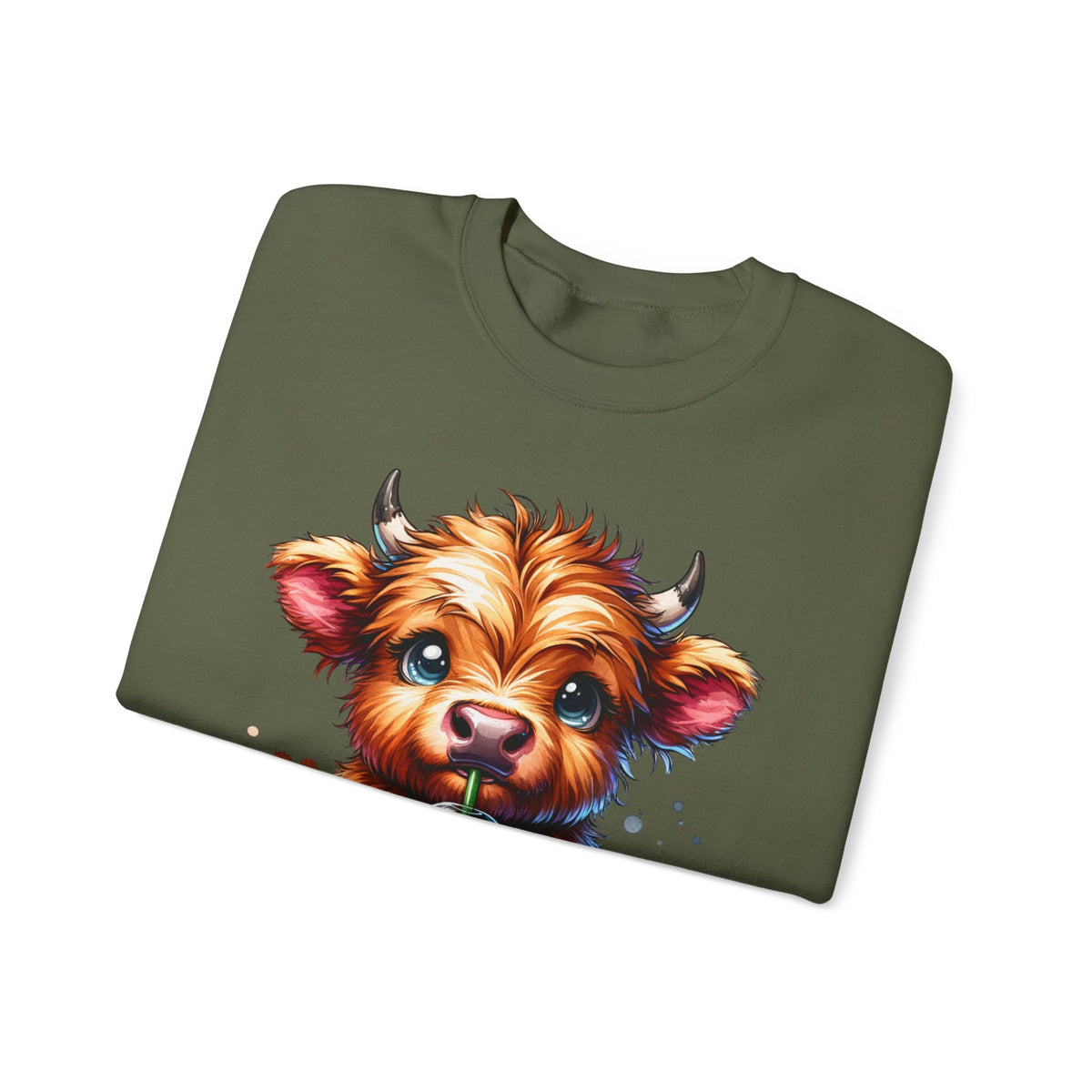 Coffee Addict Highland Cow Drinking Iced Coffee – Gildan Heavy Blend | Trendy Women’s Soft Sweatshirt. Direct to Garment. Printed & Shipped in the USA. Unisex Sizes.