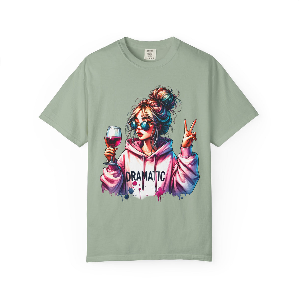 Dramatic Girl With Wine Messy Bun Peace Sign  - Comfort Colors | Trendy Women's T-Shirt. Direct to Garment. Printed & Shipped in the USA. Unisex Sizes.