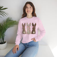Easter Bunny Trio - Checkered, Floral & Leopard – Gildan Heavy Blend | Trendy Women’s Soft Sweatshirt. Direct to Garment. Printed & Shipped in the USA. Unisex Sizes.