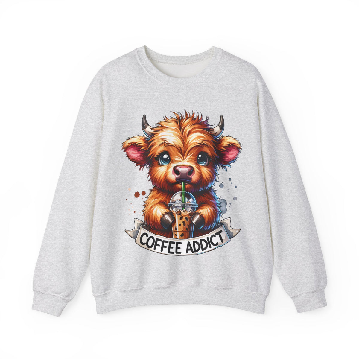 Coffee Addict Highland Cow Drinking Iced Coffee – Gildan Heavy Blend | Trendy Women’s Soft Sweatshirt. Direct to Garment. Printed & Shipped in the USA. Unisex Sizes.