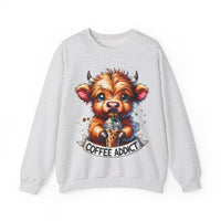 Coffee Addict Highland Cow Drinking Iced Coffee – Gildan Heavy Blend | Trendy Women’s Soft Sweatshirt. Direct to Garment. Printed & Shipped in the USA. Unisex Sizes.