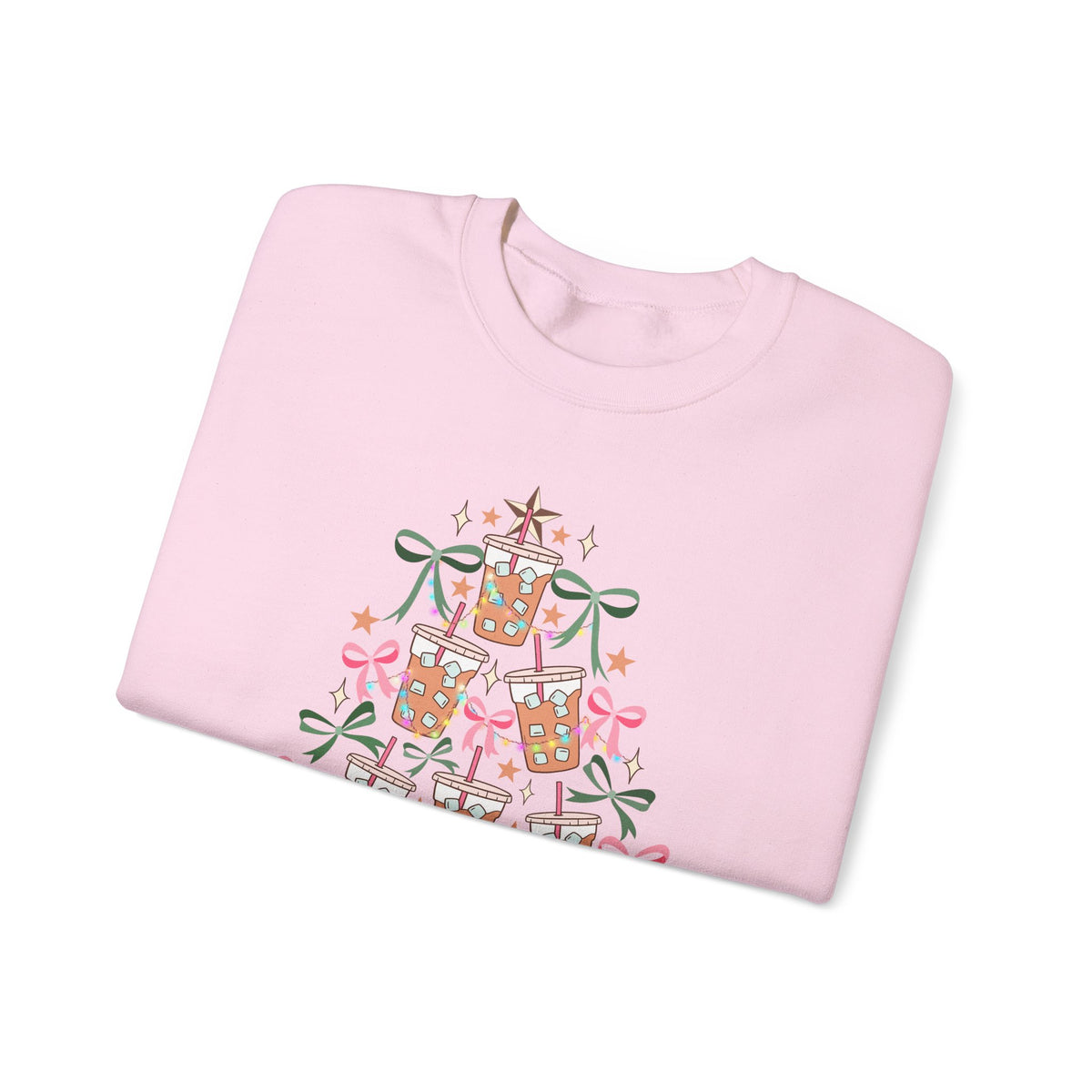 Merry and Caffeinated Iced Coffee Christmas Tree – Gildan Heavy Blend | Trendy Women’s Soft Sweatshirt. Direct to Garment. Printed & Shipped in the USA. Unisex Sizes.