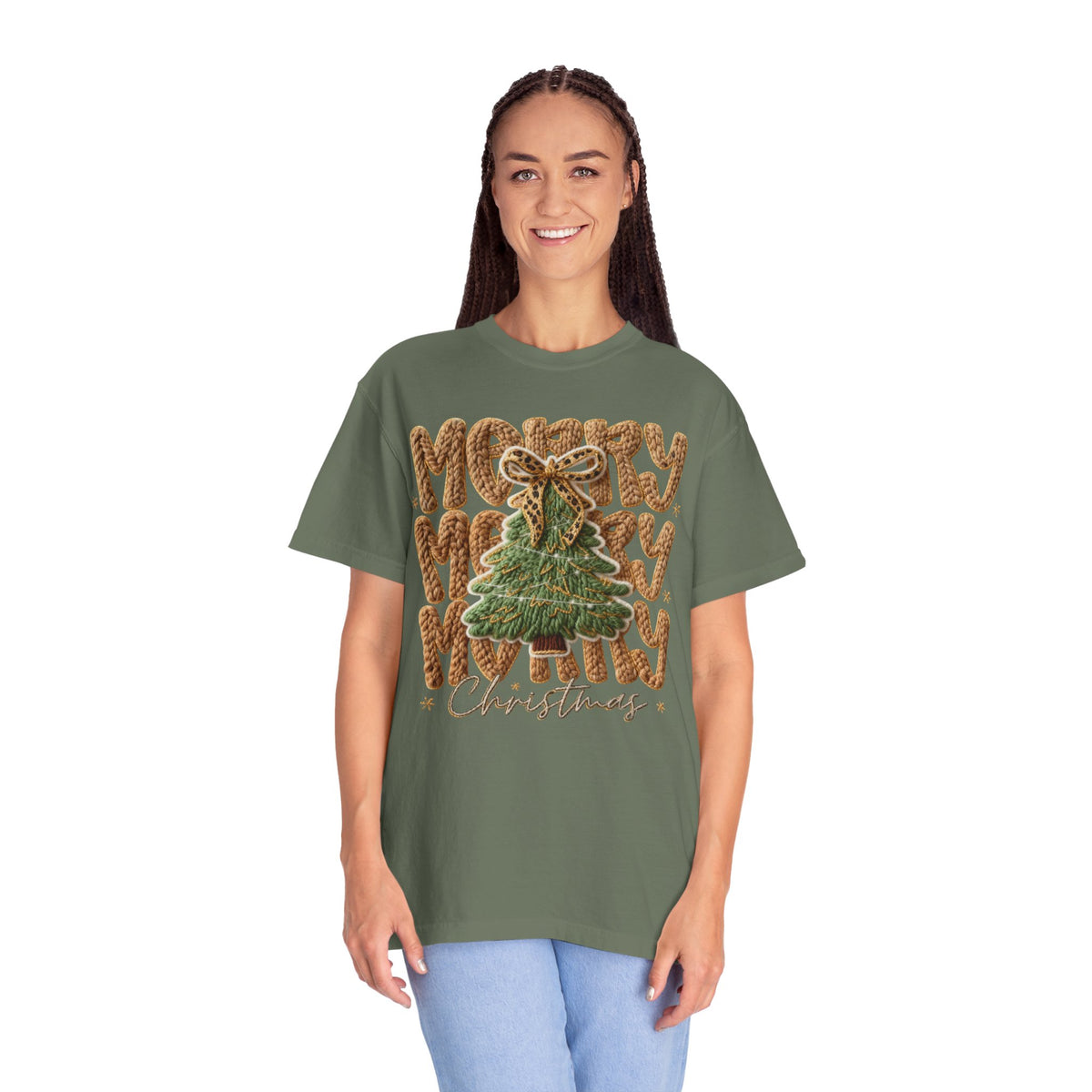 Merry Merry Merry Christmas, Faux Latch Hook Yarn - Comfort Colors | Trendy Women's T-Shirt. Direct to Garment. Printed & Shipped in the USA. Unisex Sizes.