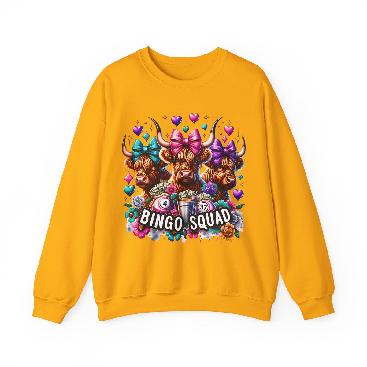 Cute Highland Cows Bingo Squad – Gildan Heavy Blend | Trendy Women’s Soft Sweatshirt. Direct to Garment. Printed & Shipped in the USA. Unisex Sizes.