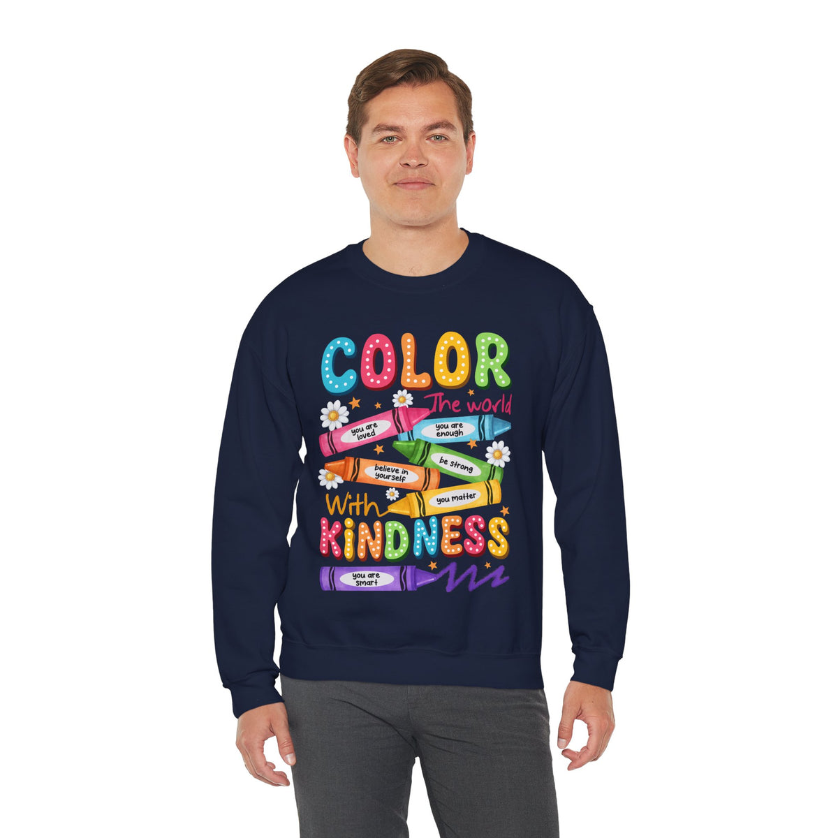 Color the World With Kindness Crayons, Great Teacher Gift – Gildan Heavy Blend | Trendy Women’s and Men's Soft Sweatshirt. Direct to Garment. Printed & Shipped in the USA. Unisex Sizes.