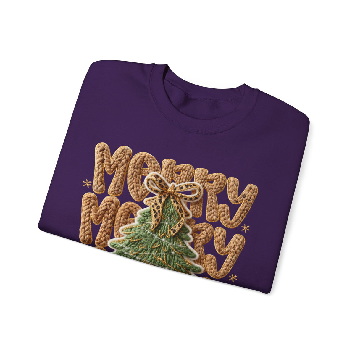 Merry Merry Merry Christmas, Faux Latch Hook Yarn – Gildan Heavy Blend | Trendy Women’s Soft Sweatshirt. Direct to Garment. Printed & Shipped in the USA. Unisex Sizes.