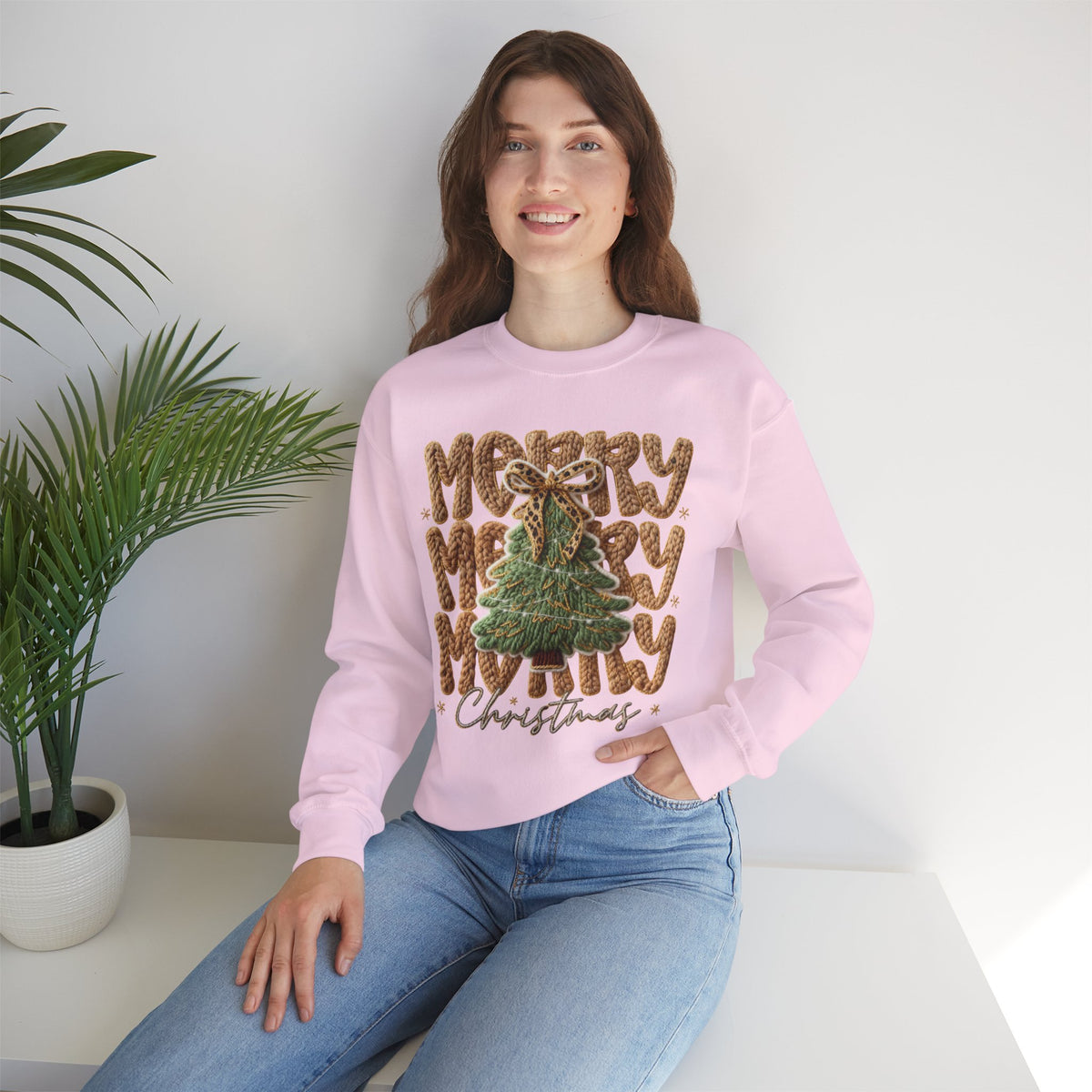 Merry Merry Merry Christmas, Faux Latch Hook Yarn – Gildan Heavy Blend | Trendy Women’s Soft Sweatshirt. Direct to Garment. Printed & Shipped in the USA. Unisex Sizes.