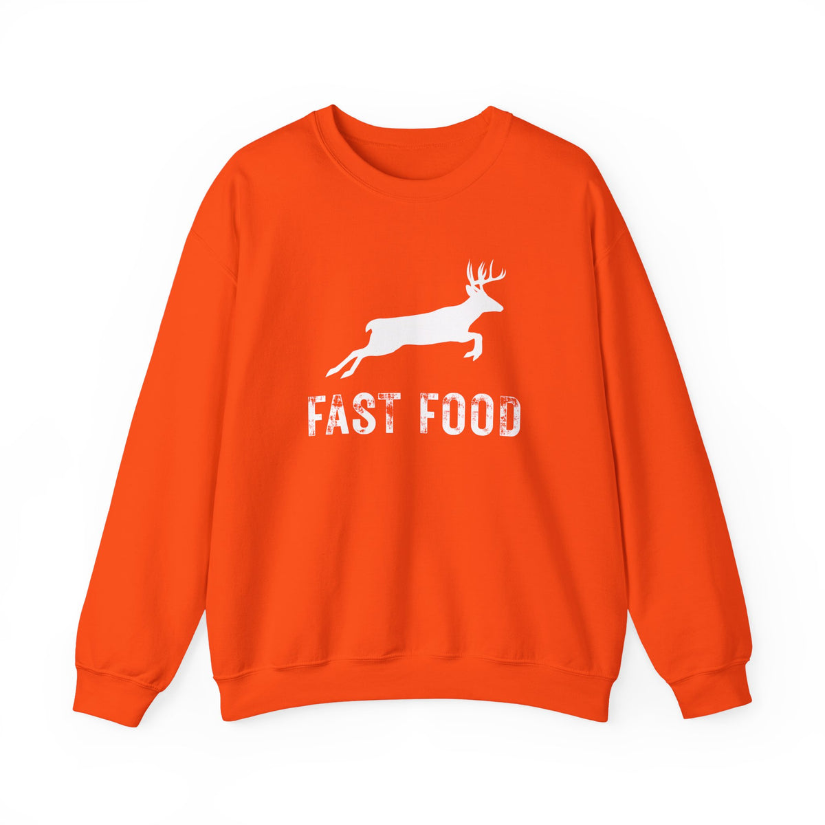 Fast Food Deer Hunting Humor Distressed – Gildan Heavy Blend | Trendy Men's and Women’s Soft Sweatshirt. Direct to Garment. Printed & Shipped in the USA. Unisex Sizes.