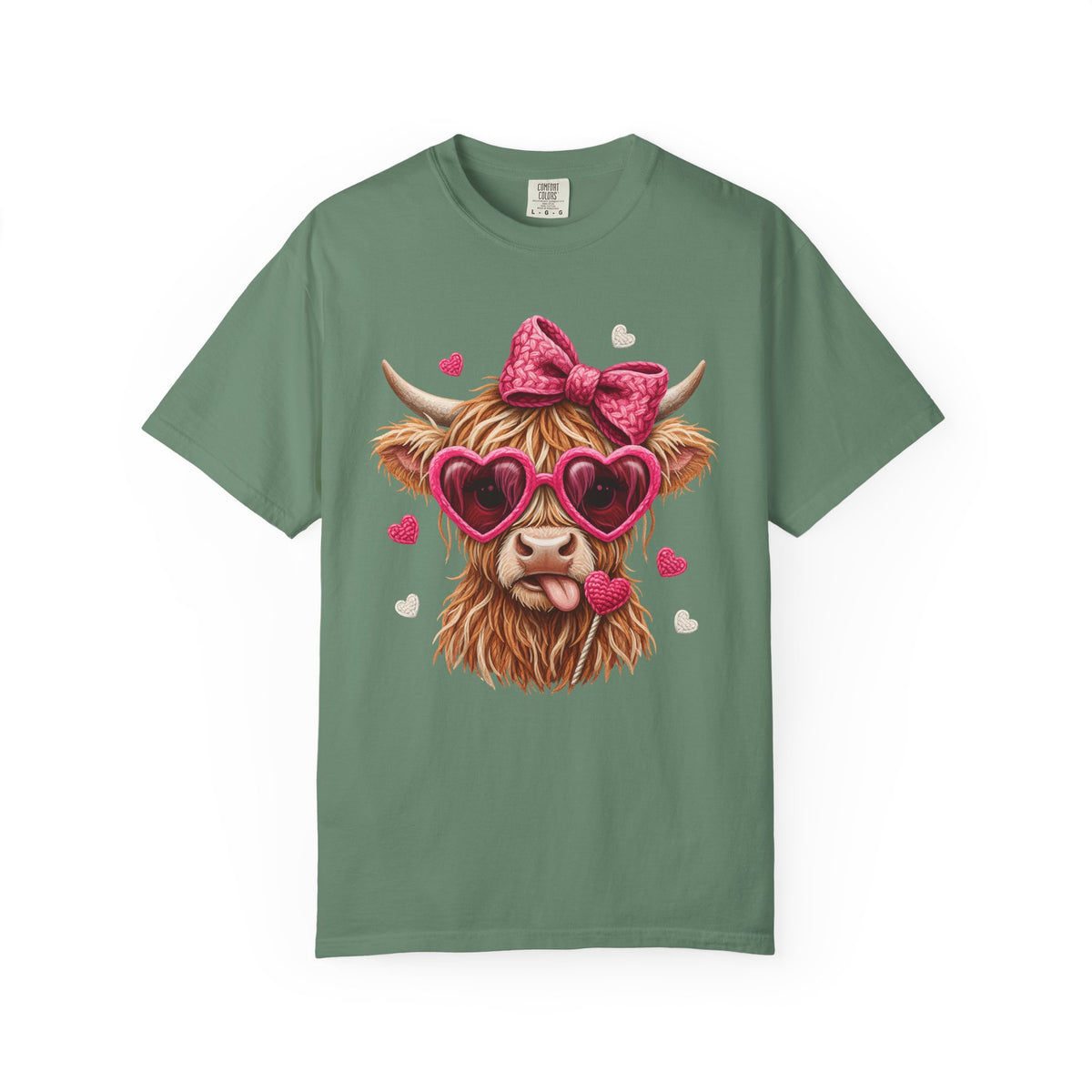 Highland Cow - Pink Heart Shaped Glasses - Comfort Colors | Trendy Women's T-Shirt. Direct to Garment. Printed & Shipped in the USA. Unisex Sizes.