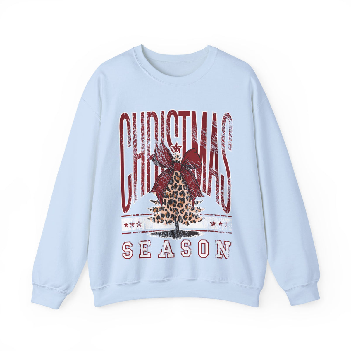 Christmas Season Leopard Tree Distressed – Gildan Heavy Blend | Trendy Women’s Soft Sweatshirt. Direct to Garment. Printed & Shipped in the USA. Unisex Sizes.