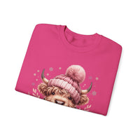 Cozy Highland Cow, Winter Coffee Mug & Scarf Pink – Gildan Heavy Blend | Trendy Women’s Soft Sweatshirt. Direct to Garment. Printed & Shipped in the USA. Unisex Sizes.