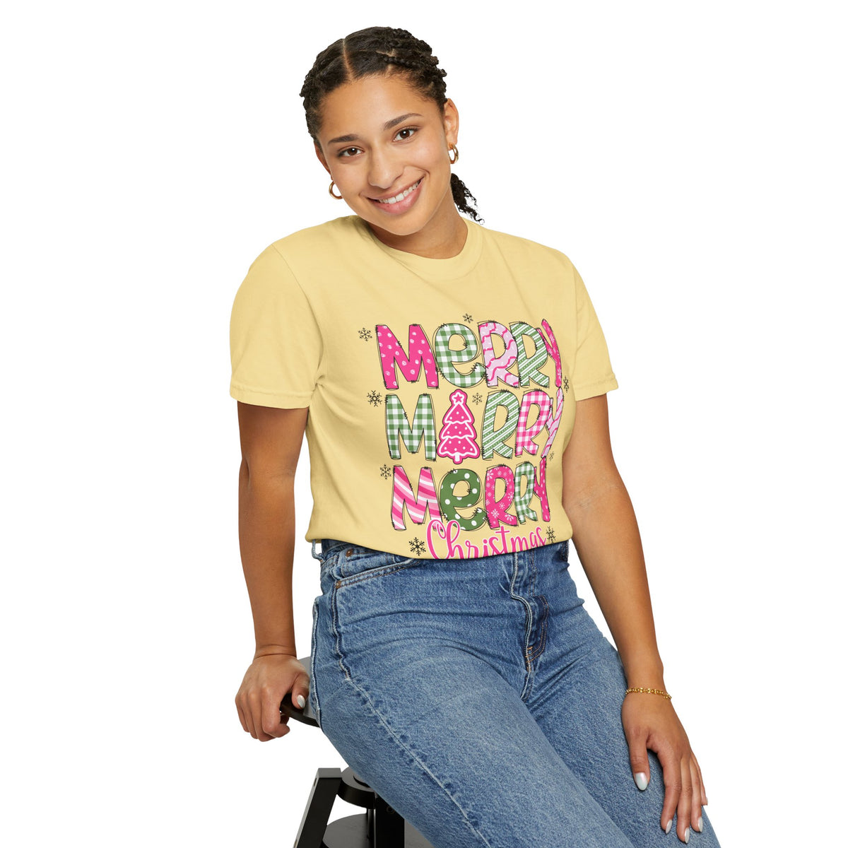 Merry Merry Merry Christmas, Festive Candy Cane & Pink and Green Plaid - Comfort Colors | Trendy Women's T-Shirt. Direct to Garment. Printed & Shipped in the USA. Unisex Sizes.