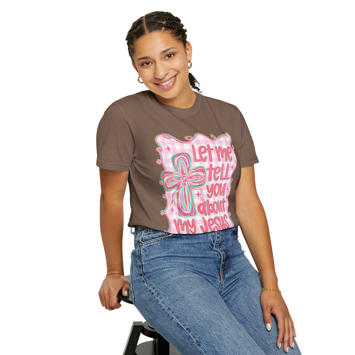 Let Me Tell You About My Jesus, Pink and Green - Comfort Colors | Trendy Women's T-Shirt. Direct to Garment. Printed & Shipped in the USA. Unisex Sizes.