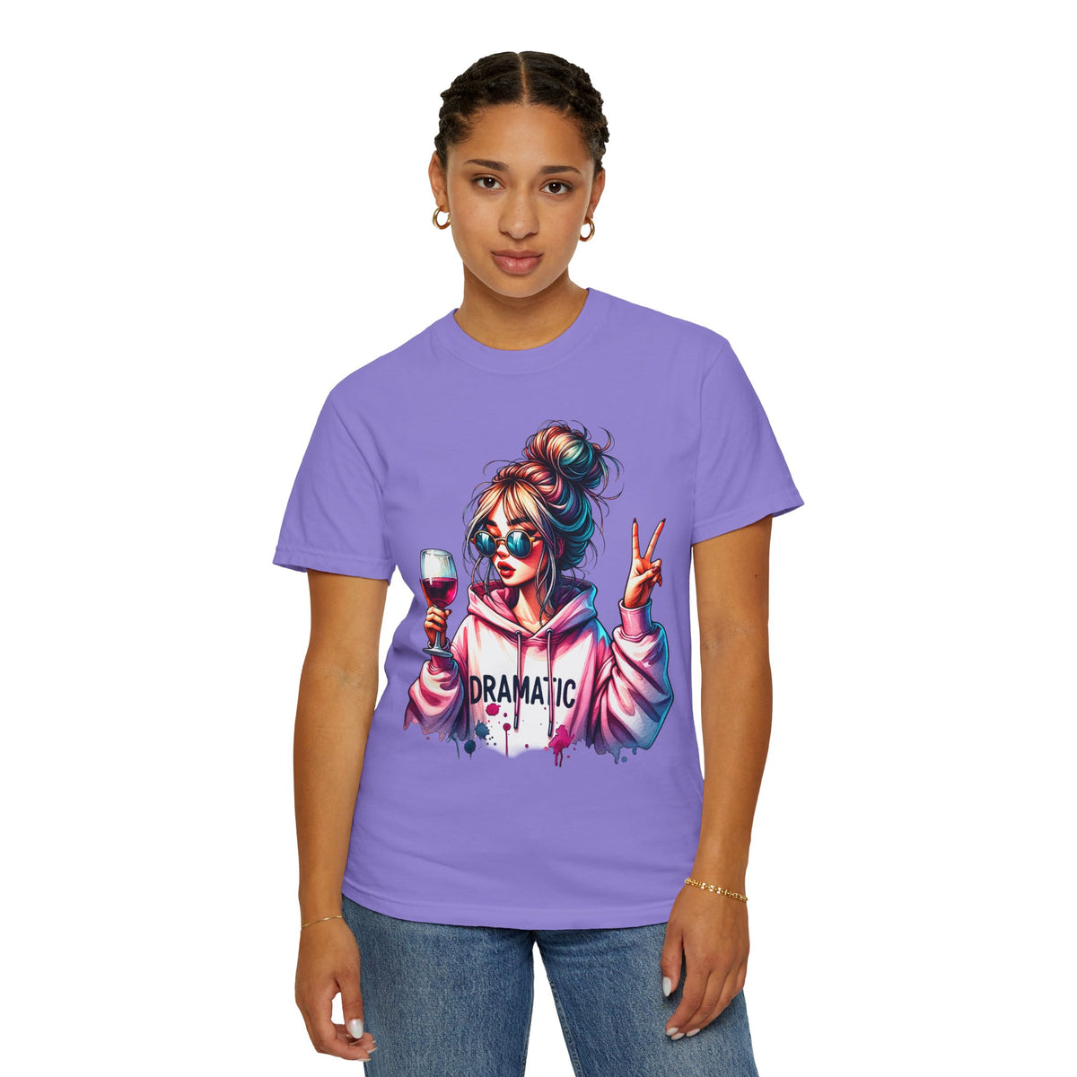 Dramatic Girl With Wine Messy Bun Peace Sign  - Comfort Colors | Trendy Women's T-Shirt. Direct to Garment. Printed & Shipped in the USA. Unisex Sizes.