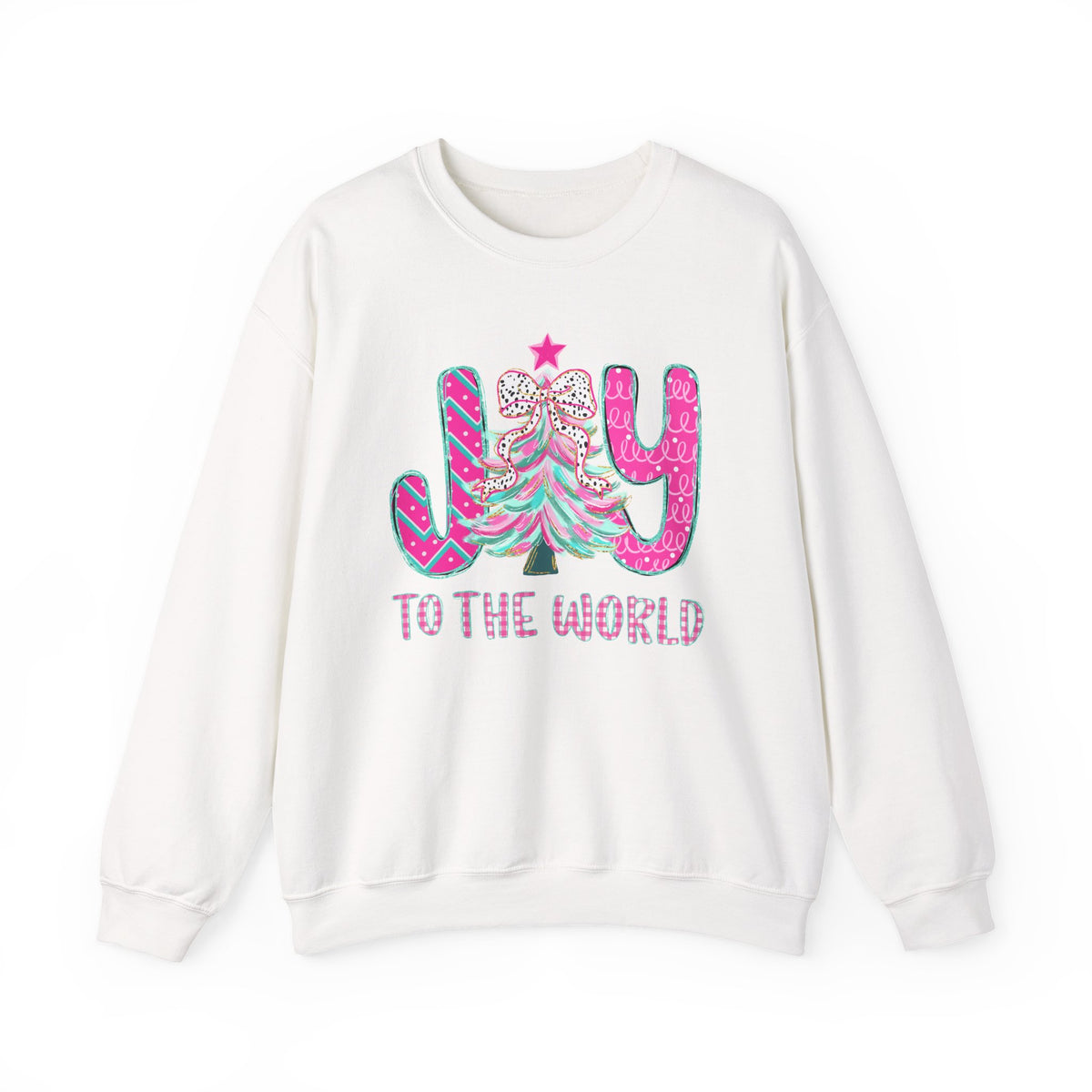 Joy to the World w/Christmas Tree Pink and Teal – Gildan Heavy Blend | Trendy Women’s Soft Sweatshirt. Direct to Garment. Printed & Shipped in the USA. Unisex Sizes.