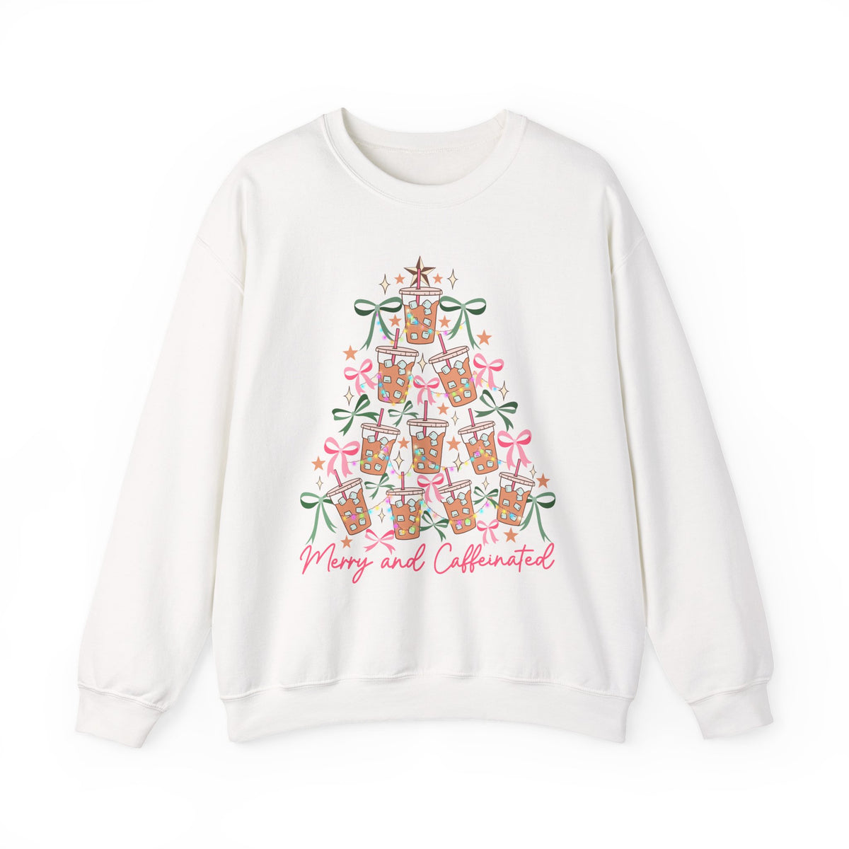 Merry and Caffeinated Iced Coffee Christmas Tree – Gildan Heavy Blend | Trendy Women’s Soft Sweatshirt. Direct to Garment. Printed & Shipped in the USA. Unisex Sizes.