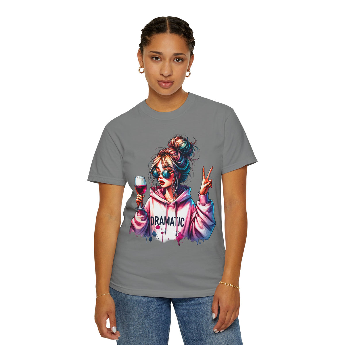 Dramatic Girl With Wine Messy Bun Peace Sign  - Comfort Colors | Trendy Women's T-Shirt. Direct to Garment. Printed & Shipped in the USA. Unisex Sizes.