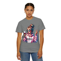 Dramatic Girl With Wine Messy Bun Peace Sign  - Comfort Colors | Trendy Women's T-Shirt. Direct to Garment. Printed & Shipped in the USA. Unisex Sizes.