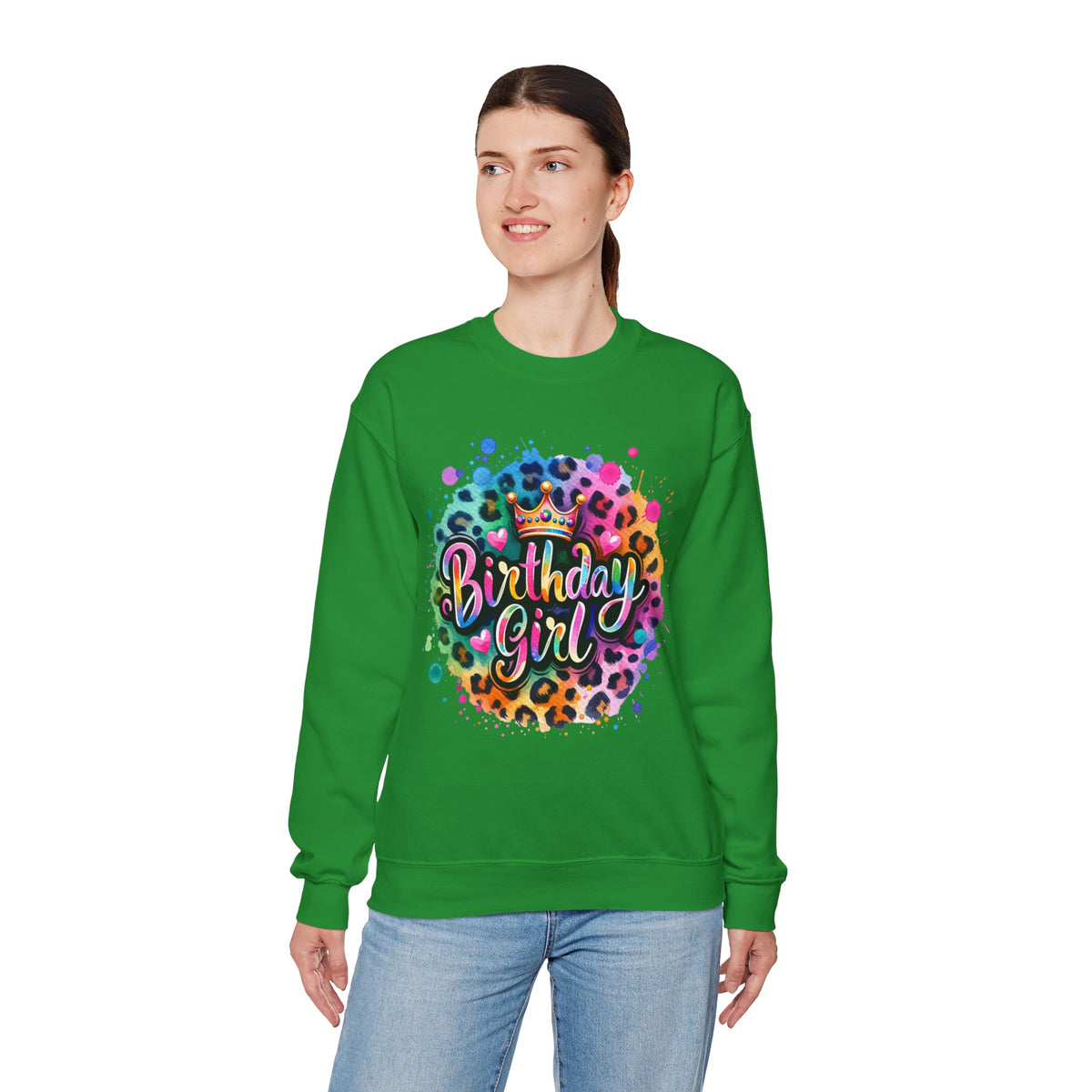Birthday Girl, Neon Leopard – Gildan Heavy Blend | Trendy Women’s Soft Sweatshirt. Direct to Garment. Printed & Shipped in the USA. Unisex Sizes.