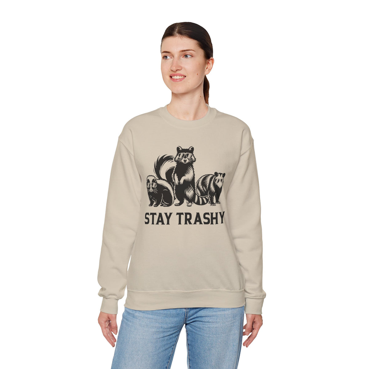 Stay Trashy, Skunk Raccoon Possum – Gildan Heavy Blend | Trendy Women’s and Men's Soft Sweatshirt. Direct to Garment. Printed & Shipped in the USA. Unisex Sizes.