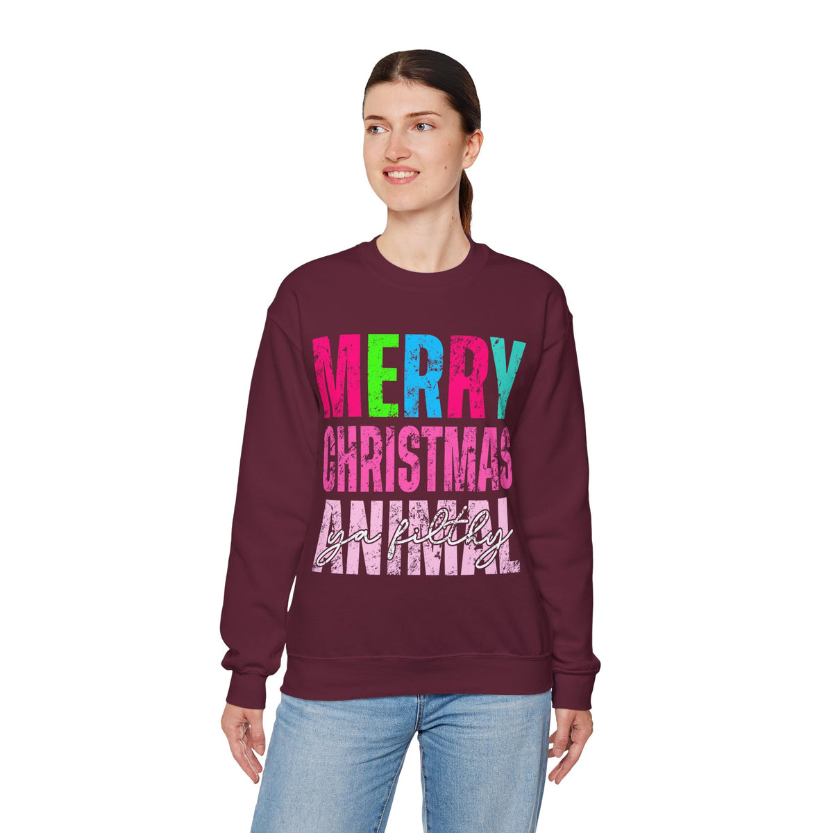 Merry Christmas Ya Filthy Animal – Gildan Heavy Blend | Trendy Women’s Soft Sweatshirt. Direct to Garment. Printed & Shipped in the USA. Unisex Sizes.