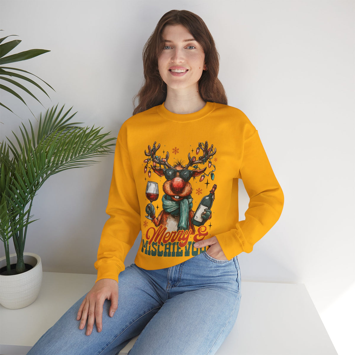 Merry & Mischievous Reindeer – Gildan Heavy Blend | Trendy Women’s and Men's Soft Sweatshirt. Direct to Garment. Printed & Shipped in the USA. Unisex Sizes.