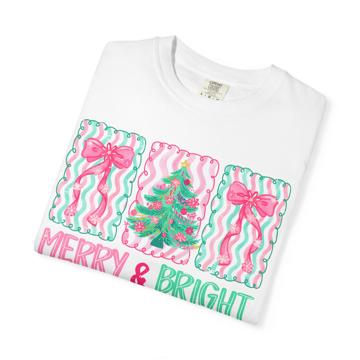 Merry & Bright Christmas — Pink & Green Holiday Tree Design - Comfort Colors | Trendy Women's T-Shirt. Direct to Garment. Printed & Shipped in the USA. Unisex Sizes.