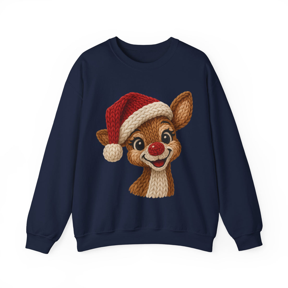 Cute Rudolph Faux Knit Look Reindeer w/Santa Hat – Gildan Heavy Blend | Trendy Women’s Soft Sweatshirt. Direct to Garment. Printed & Shipped in the USA. Unisex Sizes.