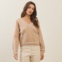 Alisha V-Neck (Beige) Contrast Trim Sweater w/Pockets