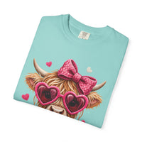 Highland Cow - Pink Heart Shaped Glasses - Comfort Colors | Trendy Women's T-Shirt. Direct to Garment. Printed & Shipped in the USA. Unisex Sizes.