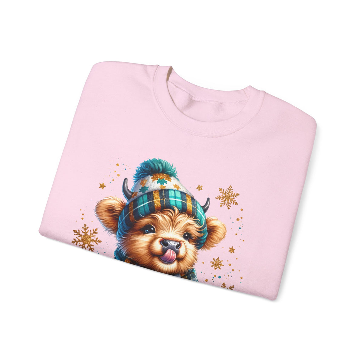 Winter Baby Highland Cow with Cocoa – Gildan Heavy Blend | Trendy Women’s Soft Sweatshirt. Direct to Garment. Printed & Shipped in the USA. Unisex Sizes.