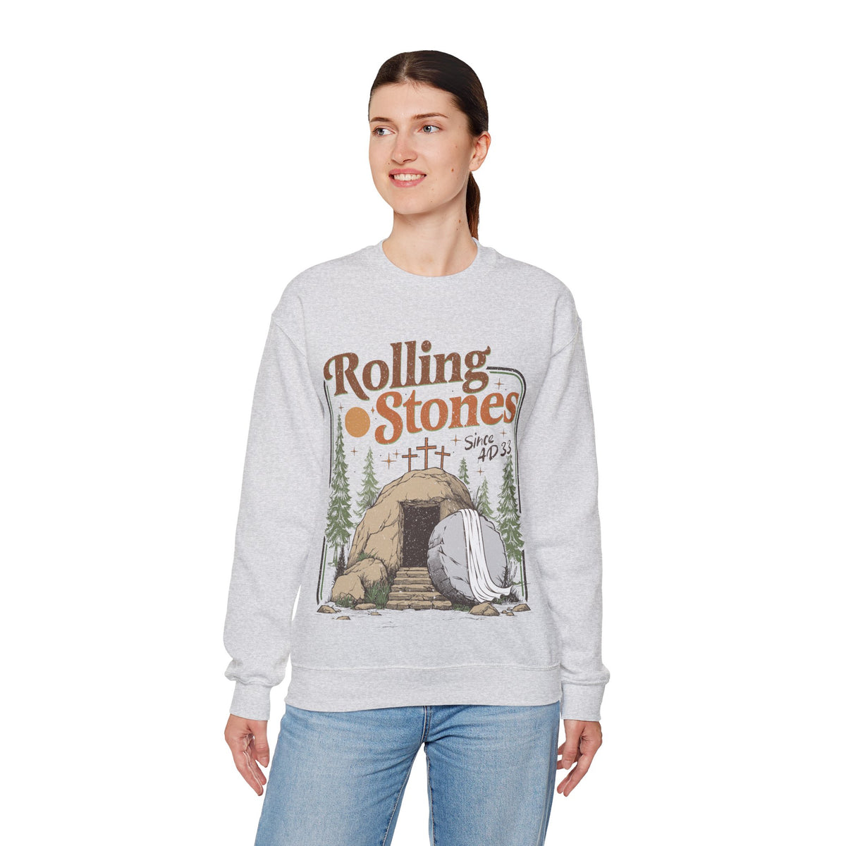 Rolling Stones "Since AD33" Easter Empty Tomb Christian – Gildan Heavy Blend | Trendy Men's and Women’s Soft Sweatshirt. Direct to Garment. Printed & Shipped in the USA. Unisex Sizes.