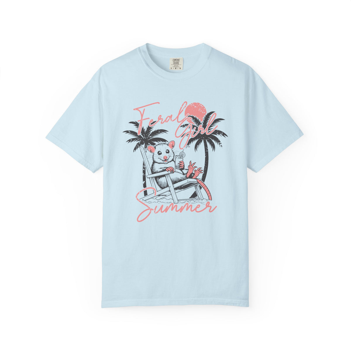 Feral Girl Summer, Possum on a Beach - Comfort Colors | Trendy Women's T-Shirt. Direct to Garment. Printed & Shipped in the USA. Unisex Sizes.
