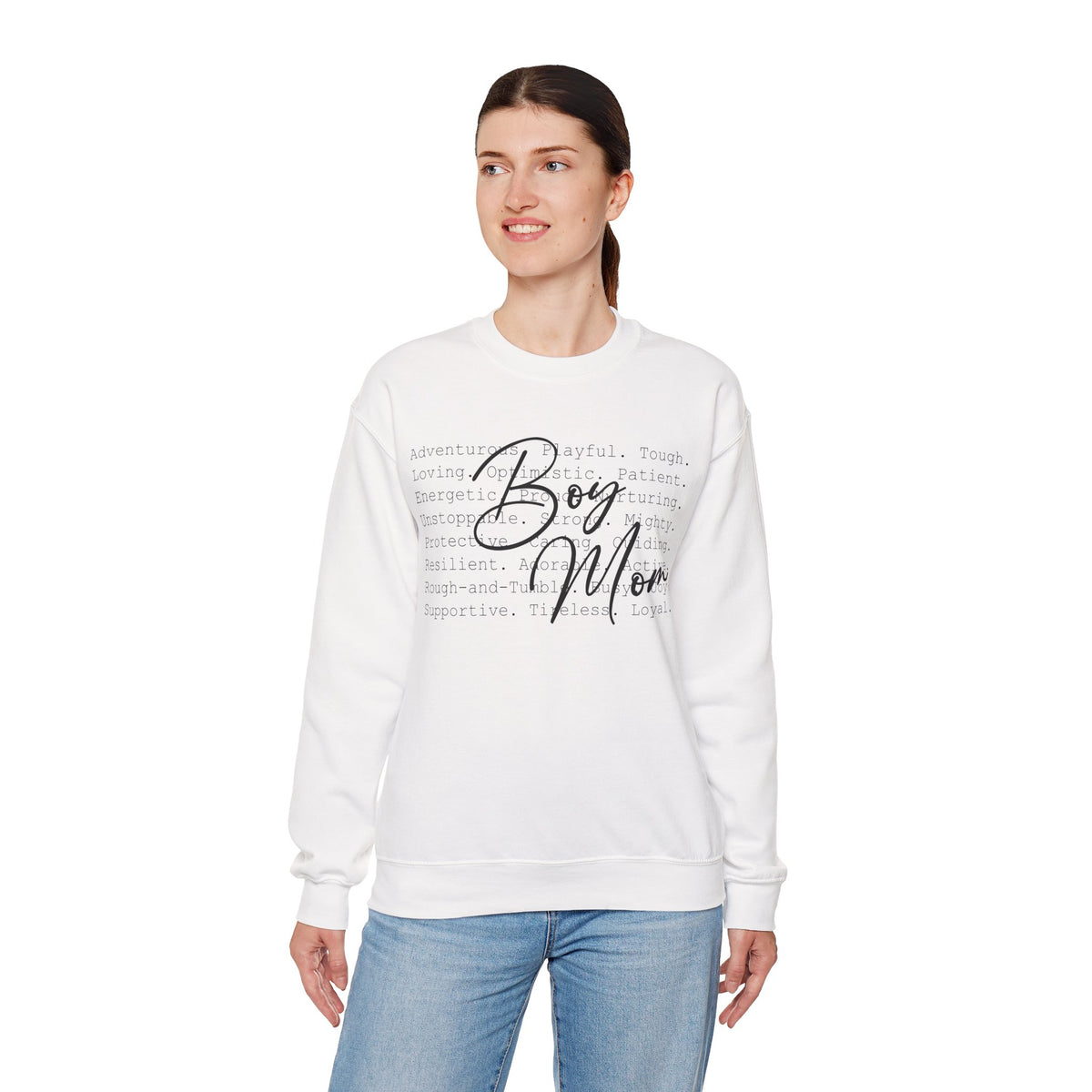 Boy Mom Typography – Gildan Heavy Blend | Trendy Women’s Soft Sweatshirt. Direct to Garment. Printed & Shipped in the USA. Unisex Sizes.