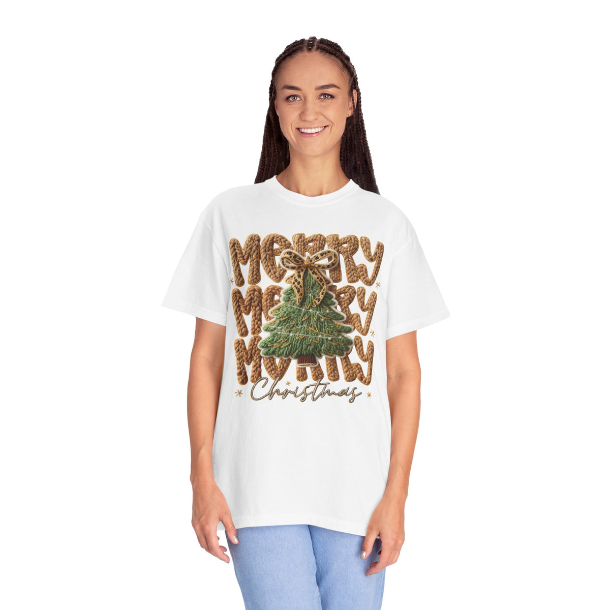 Merry Merry Merry Christmas, Faux Latch Hook Yarn - Comfort Colors | Trendy Women's T-Shirt. Direct to Garment. Printed & Shipped in the USA. Unisex Sizes.