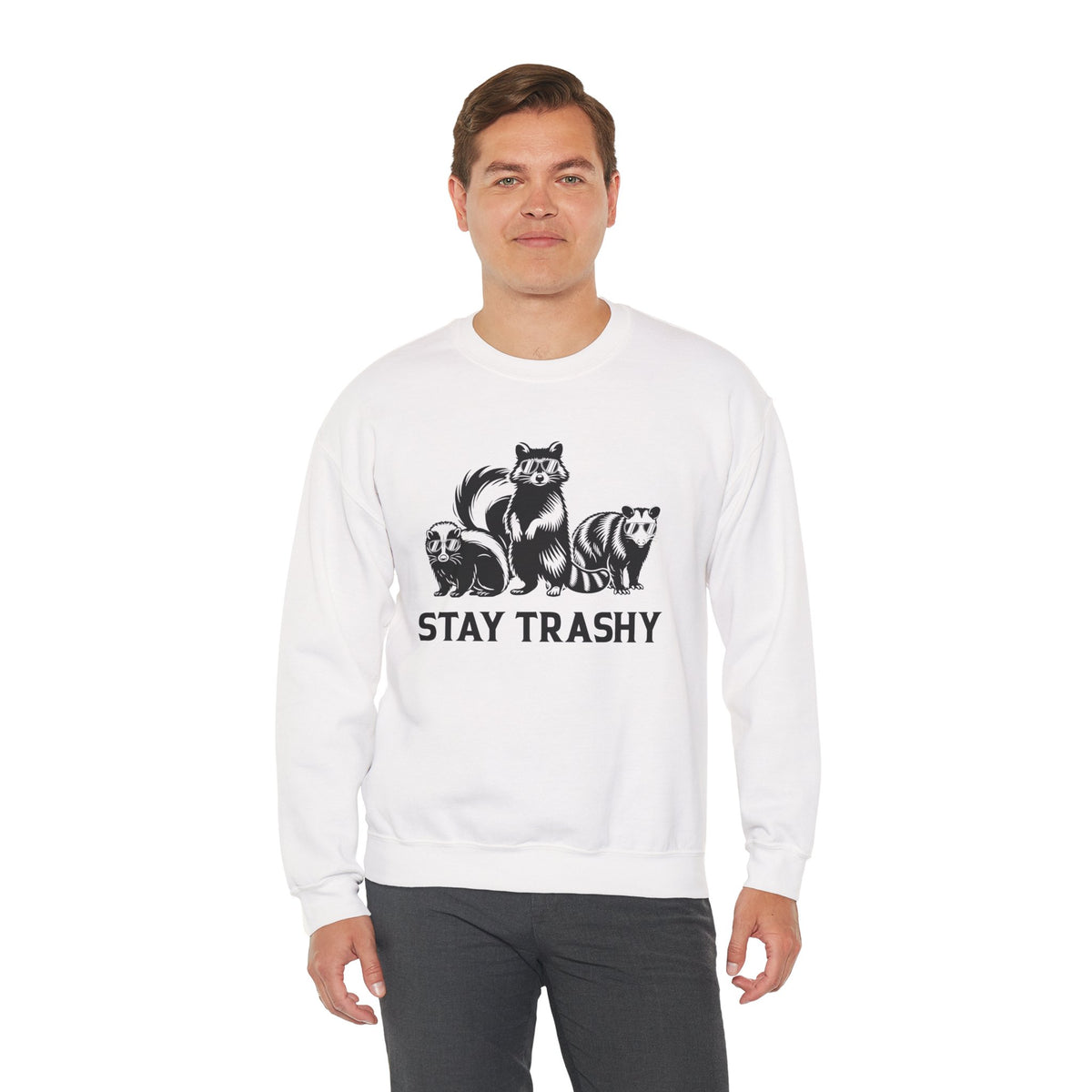 Stay Trashy, Skunk Raccoon Possum – Gildan Heavy Blend | Trendy Women’s and Men's Soft Sweatshirt. Direct to Garment. Printed & Shipped in the USA. Unisex Sizes.