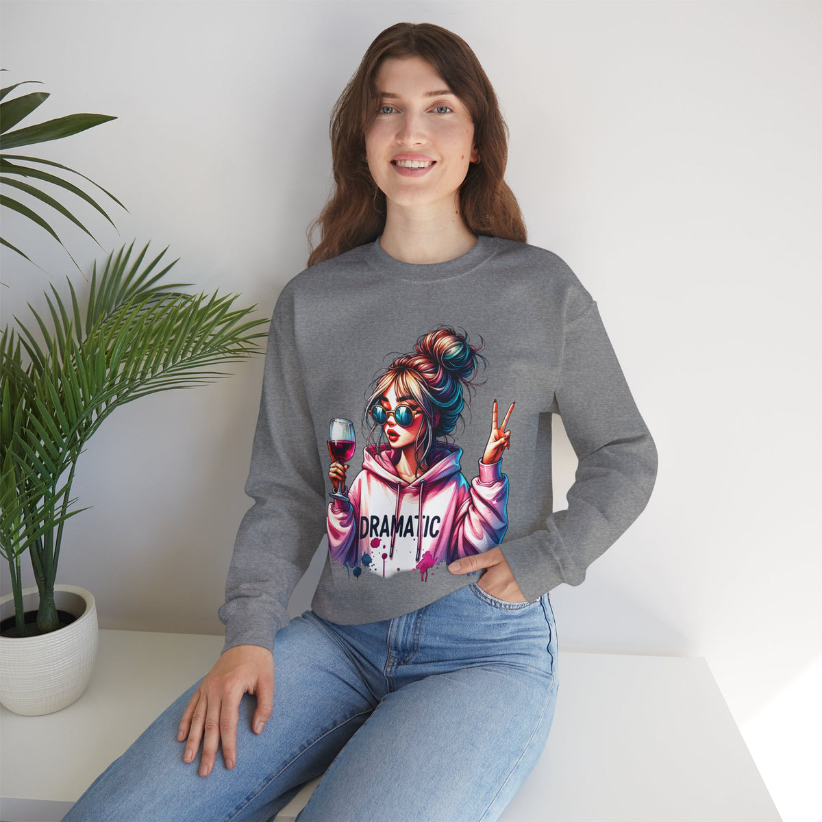 Dramatic Girl With Wine Messy Bun Peace Sign – Gildan Heavy Blend | Trendy Women’s Soft Sweatshirt. Direct to Garment. Printed & Shipped in the USA. Unisex Sizes.