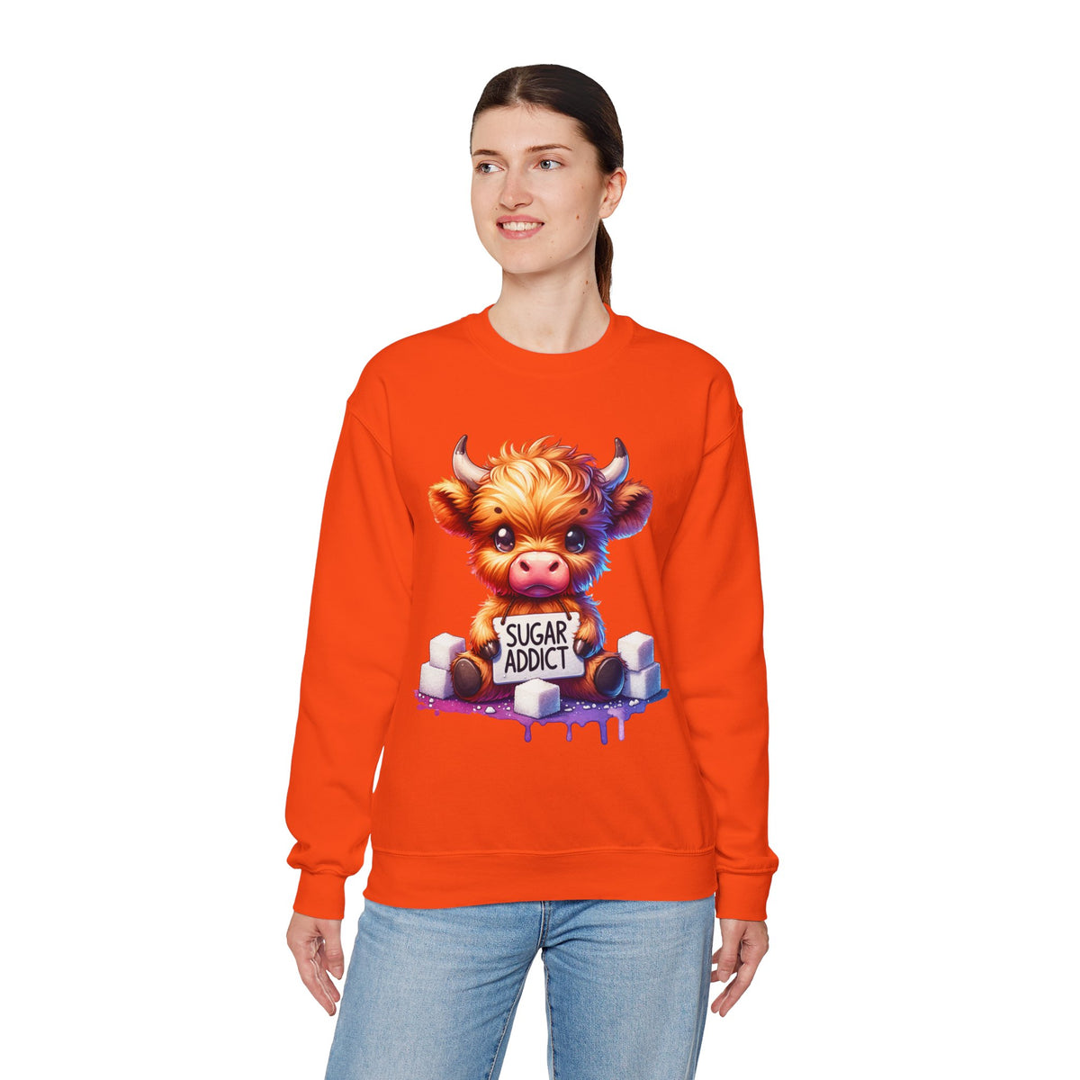 Sugar Addict Highland Cow – Gildan Heavy Blend | Trendy Women’s Soft Sweatshirt. Direct to Garment. Printed & Shipped in the USA. Unisex Sizes.