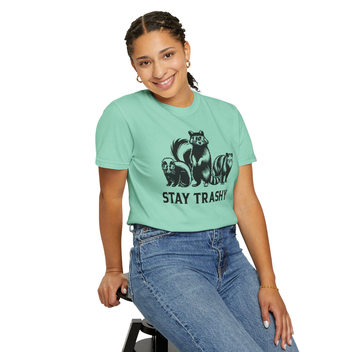 Stay Trashy, Skunk Raccoon Possum - Comfort Colors | Trendy Women's and Men's T-Shirt. Direct to Garment. Printed & Shipped in the USA. Unisex Sizes.