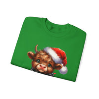 Cute Highland Cow Santa Hat Scarf Christmas Lights – Gildan Heavy Blend | Trendy Women’s Soft Sweatshirt. Direct to Garment. Printed & Shipped in the USA. Unisex Sizes.
