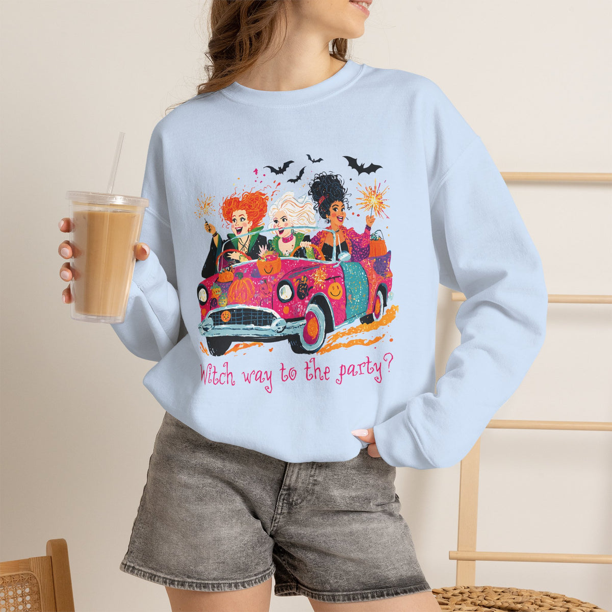 Witch Way to the Party? – Gildan Heavy Blend | Trendy Women’s Soft Sweatshirt. Direct to Garment. Printed & Shipped in the USA. Unisex Sizes.