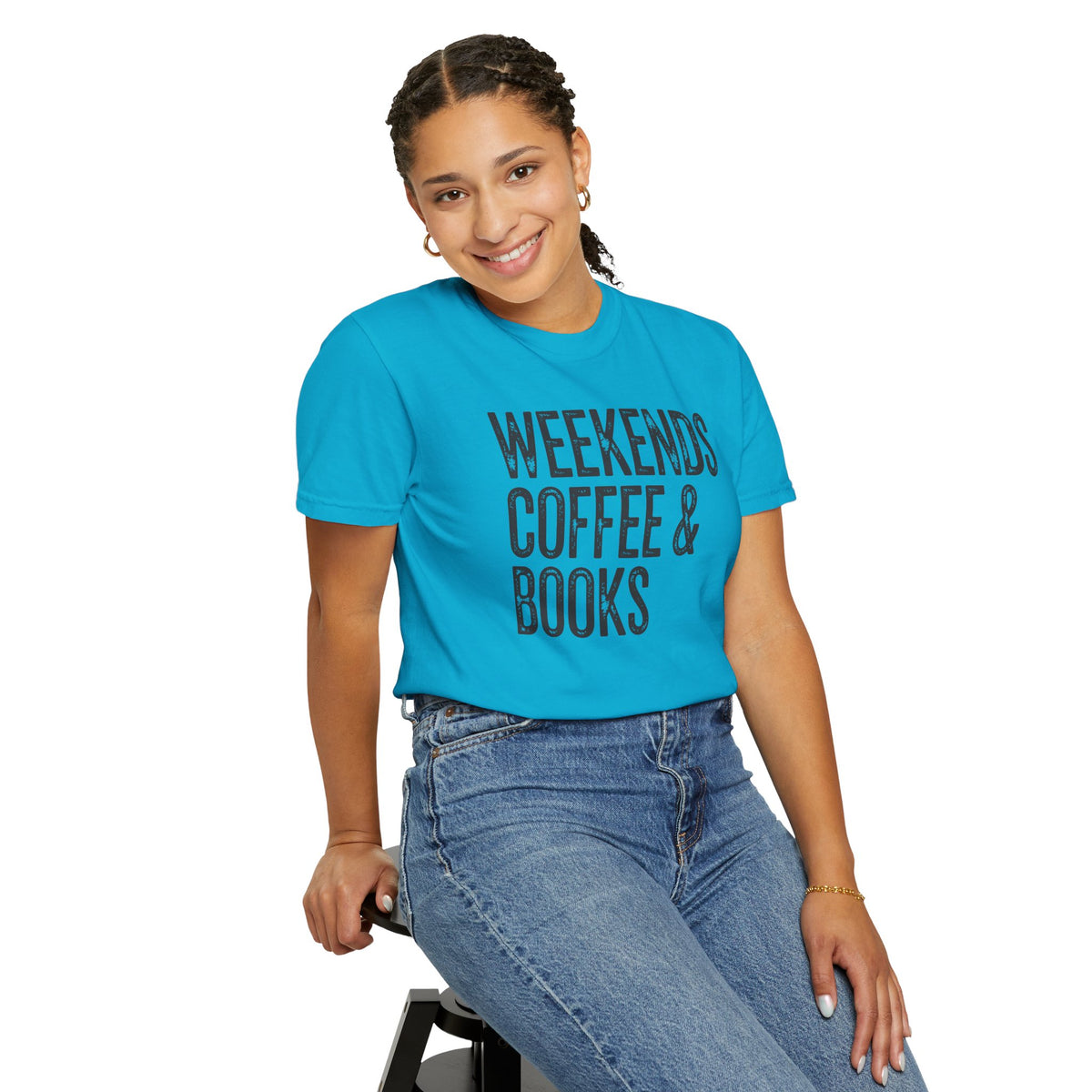 Weekends, Coffee & Books - Comfort Colors | Trendy Women's and Men's T-Shirt. Direct to Garment. Printed & Shipped in the USA. Unisex Sizes.