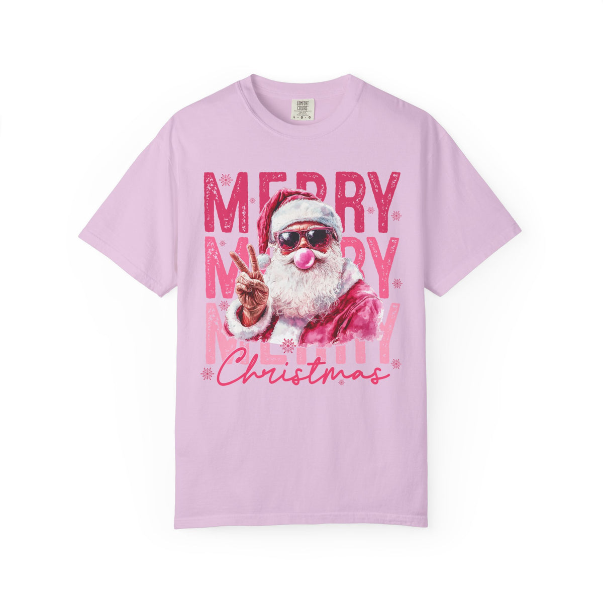 Pink Merry Christmas Bubblegum Santa - Comfort Colors | Trendy Women's T-Shirt. Direct to Garment. Printed & Shipped in the USA. Unisex Sizes.