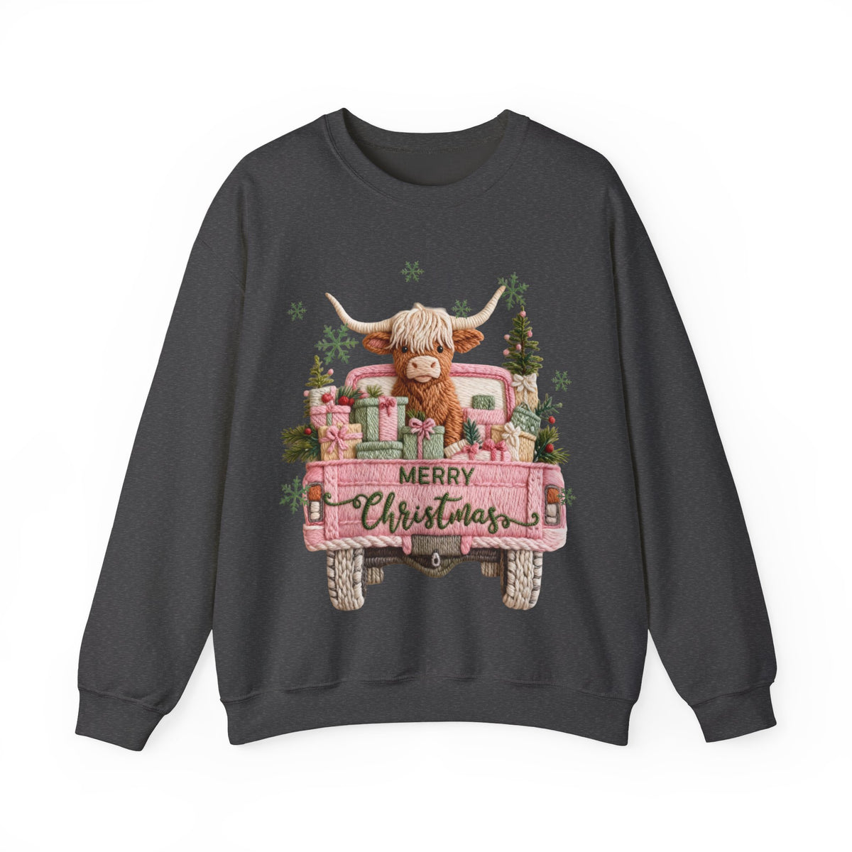 Highland Cow in Pink Truck Merry Christmas Holiday Farmhouse – Gildan Heavy Blend | Trendy Women’s Soft Sweatshirt. Direct to Garment. Printed & Shipped in the USA. Unisex Sizes.