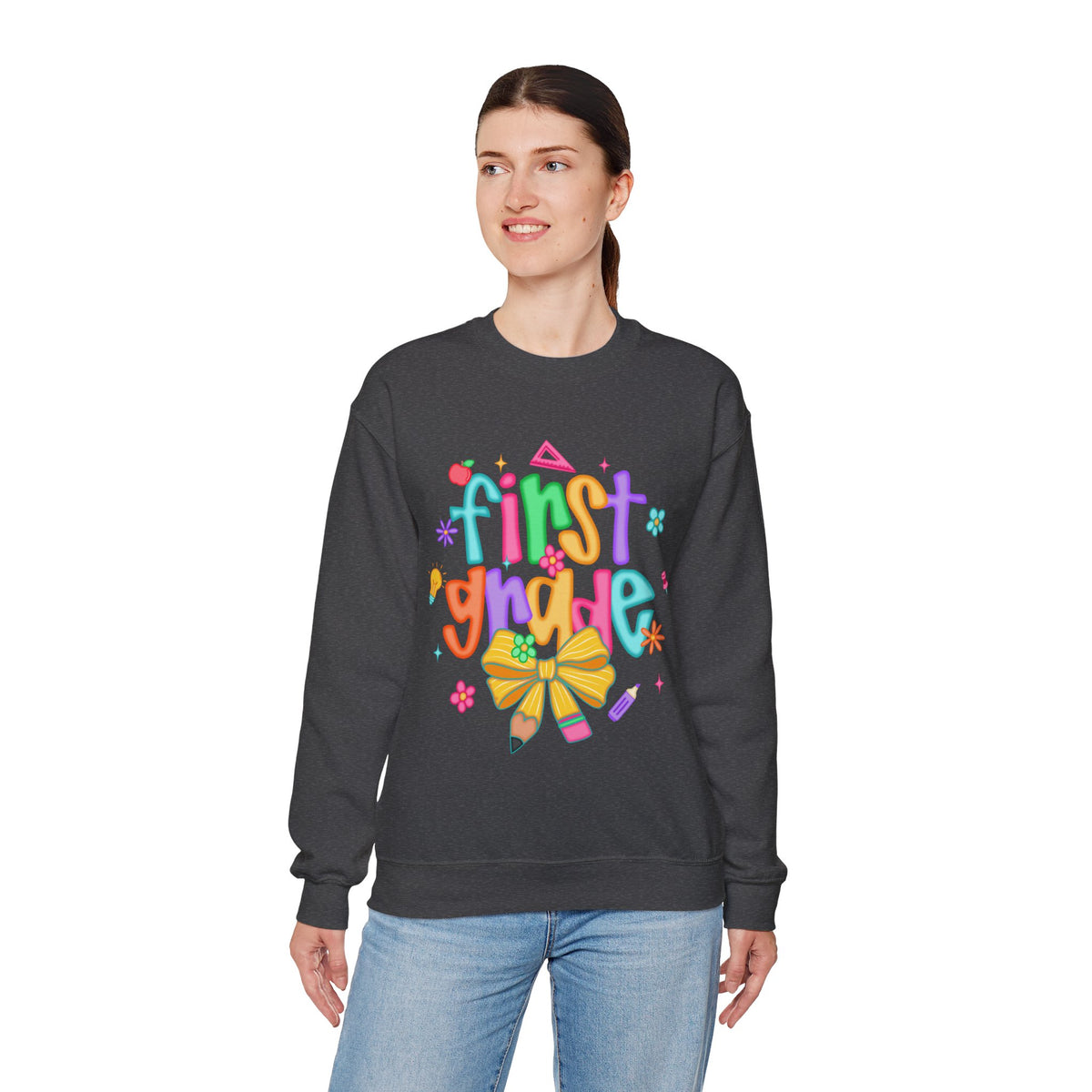 Coquette First Grade Pencil Bow – Gildan Heavy Blend | Trendy Women’s Soft Sweatshirt. Direct to Garment. Printed & Shipped in the USA. Unisex Sizes.