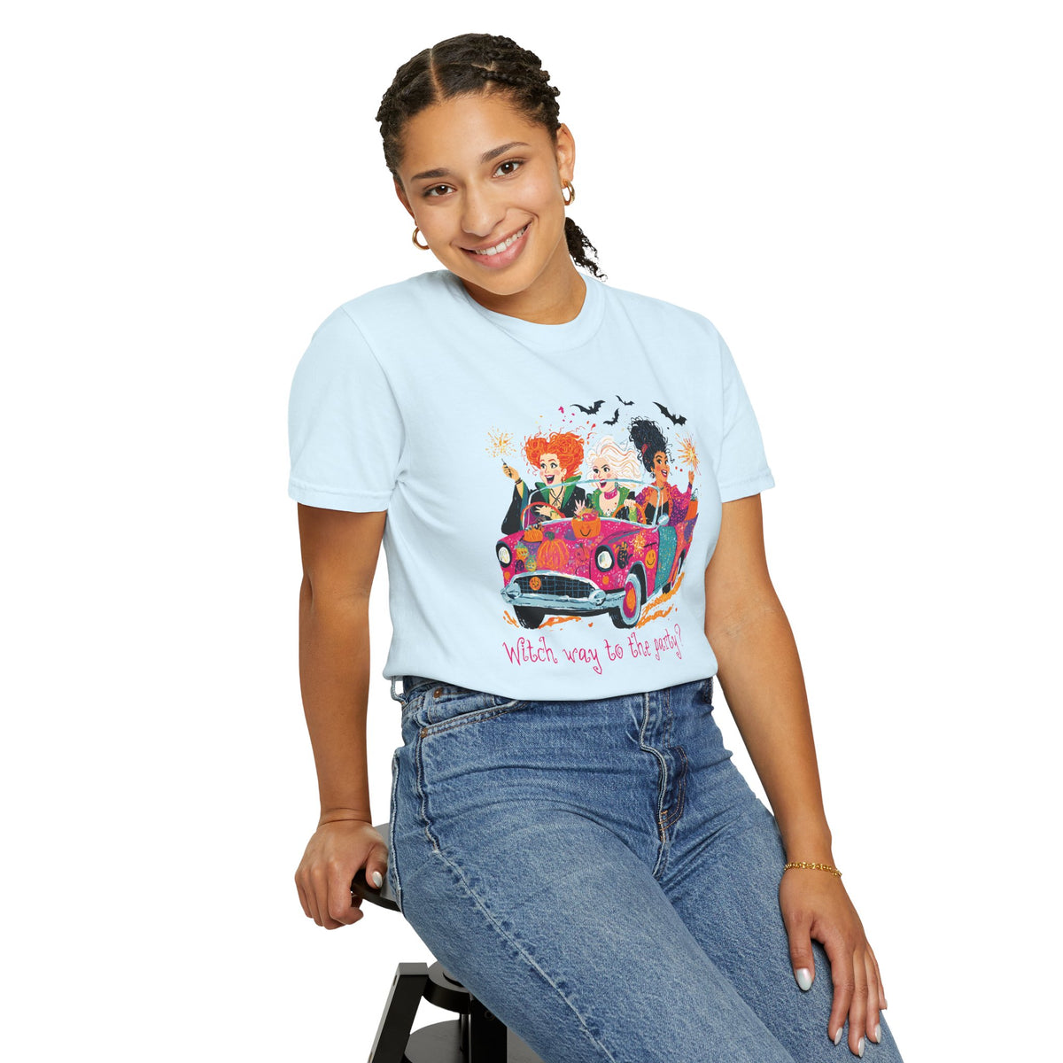 Witch Way to the Party? - Comfort Colors | Trendy Women's T-Shirt. Direct to Garment. Printed & Shipped in the USA. Unisex Sizes.