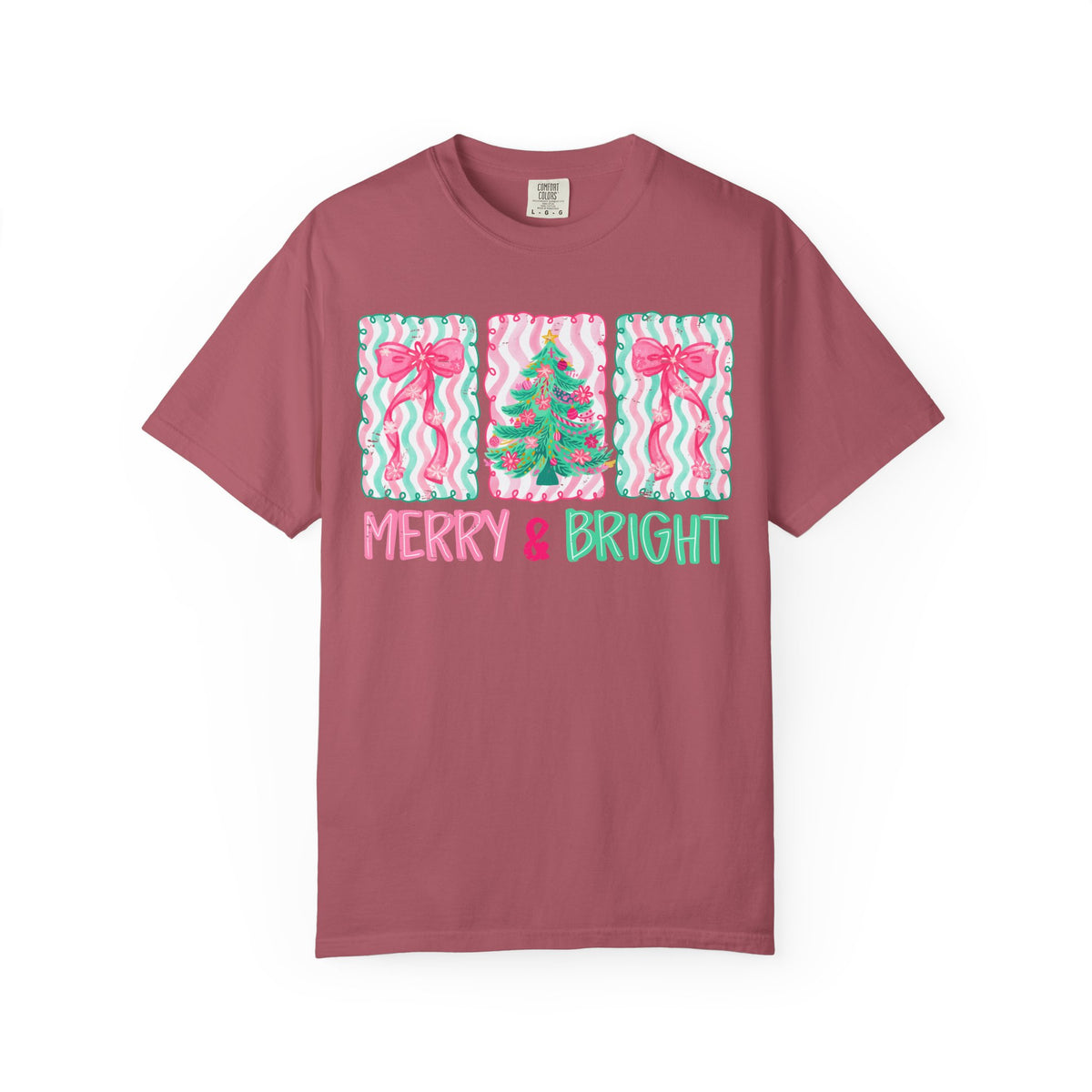 Merry & Bright Christmas — Pink & Green Holiday Tree Design - Comfort Colors | Trendy Women's T-Shirt. Direct to Garment. Printed & Shipped in the USA. Unisex Sizes.