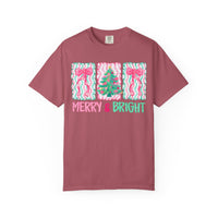 Merry & Bright Christmas — Pink & Green Holiday Tree Design - Comfort Colors | Trendy Women's T-Shirt. Direct to Garment. Printed & Shipped in the USA. Unisex Sizes.